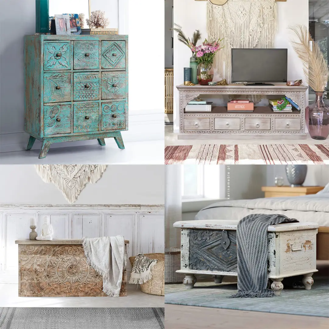 Boho meble indyjskie – turkusowa komoda, szafka RTV, rzeźbione skrzynie z drewna mango, idealne do salonu, sypialni i przedpokoju, w stylu orientalnym i vintage