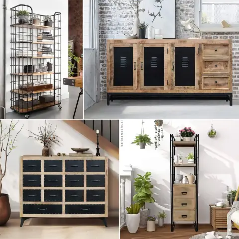 Meble loftowe z drewna mango z metalowymi nogami – komody i stoły w stylu industrialnym do nowoczesnego salonu