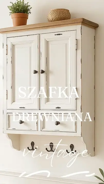 Prezentacja wideo: Biała szafka wisząca Hampton 60 cm w stylu vintage z przetarciami, drewnianym blatem, dwiema szufladkami i trzema haczykami.