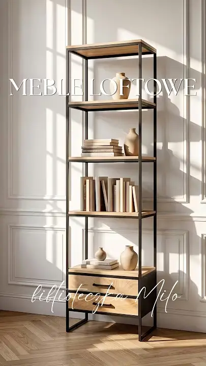 Prezentacja wideo: biblioteczka loftowa Milo z litego drewna mango i czarnego metalu o szerokości 60 cm, z czterema otwartymi półkami i dwiema dolnymi szufladami.