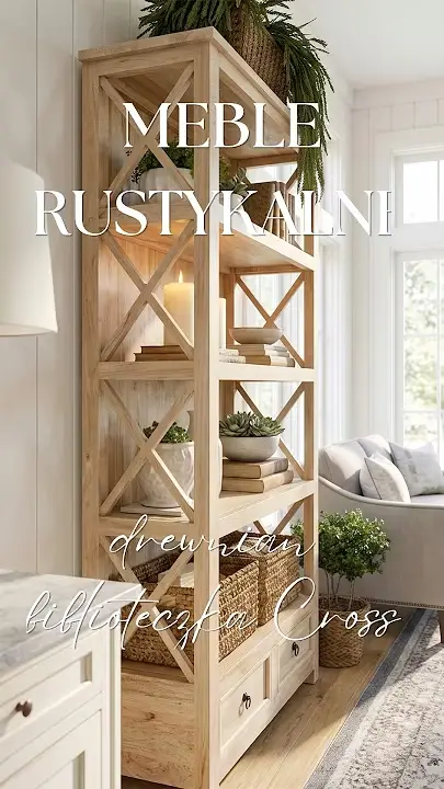 Prezentacja wideo: Rustykalna drewniana biblioteczka Cross o wysokości 195 cm z postarzanego drewna, wyposażona w otwarte półki, charakterystyczne boki z motywem litery X oraz dwie szuflady w dolnej części.