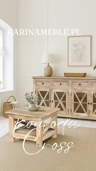 Prezentacja wideo: Duża, szeroka komoda z jasnego, naturalnego drewna mango (model Cross o długości 182 cm) z czterema szufladami i czterema przeszklonymi frontami ozdobionymi drewnianymi szprosami w kształcie litery X, zaprezentowana w jasnym salonie. Na pierwszym planie stoi dopasowany kwadratowy stolik kawowy, a na blacie komody umieszczono lampę stołową oraz pleciony koszyk na tle jasnej ściany z minimalistycznym obrazem – Meble Indyjskie / Rustykalne