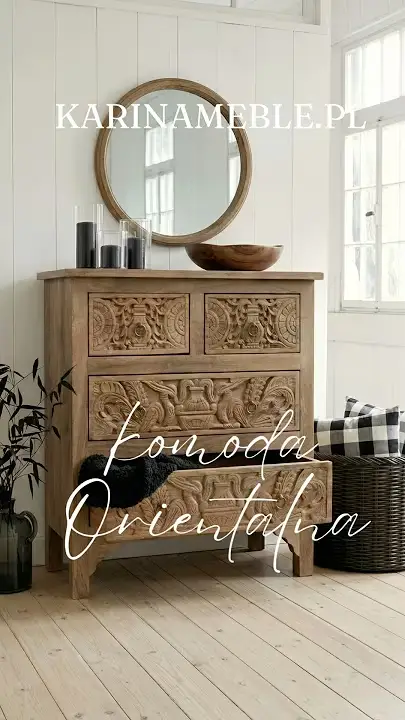 Prezentacja wideo: Indyjska komoda rzeżbiona z litego drewna mango 90 cm w kolorze jasny orzech – Meble Orientalne