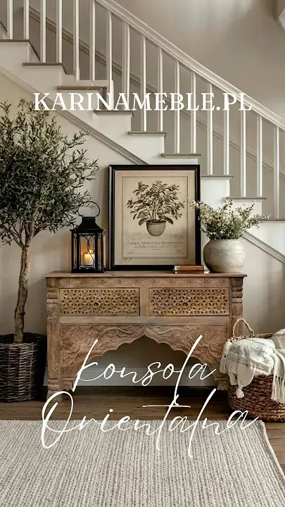 Prezentacja wideo: indyjska konsola rzeźbiona z litego drewna mango 120 cm w kolorze jasny orzechem – Meble Orientalne