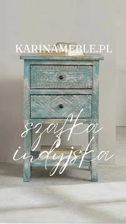 Prezentacja wideo: Orientalna szafka nocna rzeźbiona błękit z drewna mango – Meble Orientalne