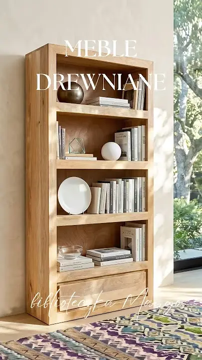Prezentacja wideo: Nowoczesna biblioteczka 90 cm z litego drewna mango, wyposażona w cztery otwarte półki oraz dolną szufladę.