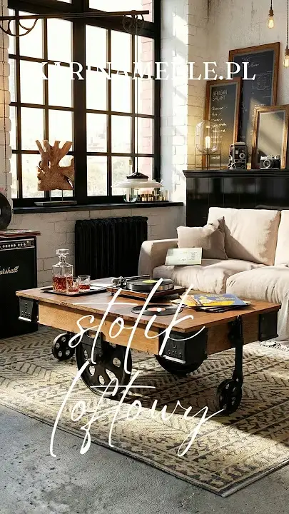 Prezentacja wideo: Industrialny stolik ze starego drewna i metalowa kóło styl Railway