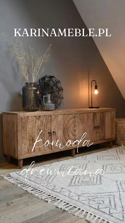 Prezentacja wideo: Niska komoda lub szafka rtv 180 cm Boho Loco ręcznie rzeżbiona z litego drewna mango w kolorze jasnym orzechem - Meble Orientalne